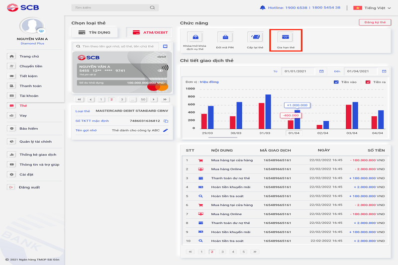 Chọn mục Gia hạn thẻ trên hệ thống Internet Banking