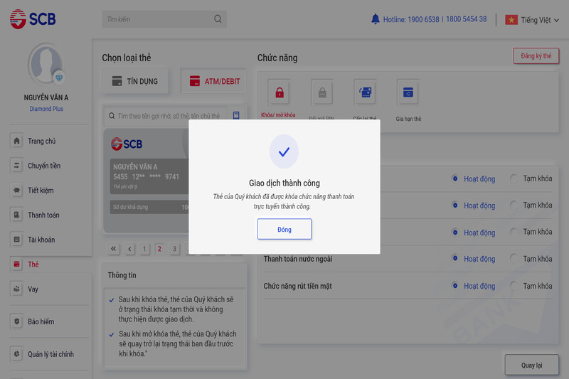 Màn hình khoá thẻ SCB thành công