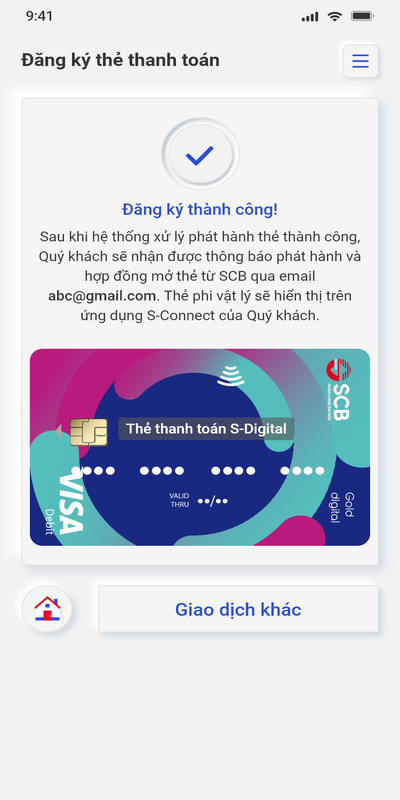 Màn hình đăng ký thẻ phi vật lý SCB thành công
